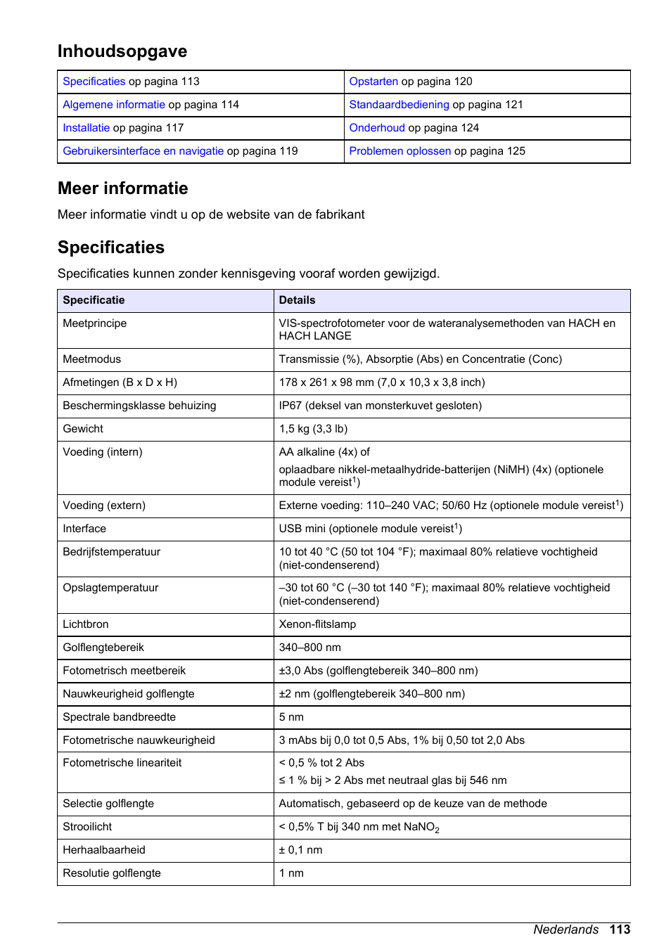 Basisgebruikershandleiding, Inhoudsopgave, Meer informatie | Specificaties, Nederlands | Hach-Lange DR1900 Basic User Manual User Manual | Page 113 / 318