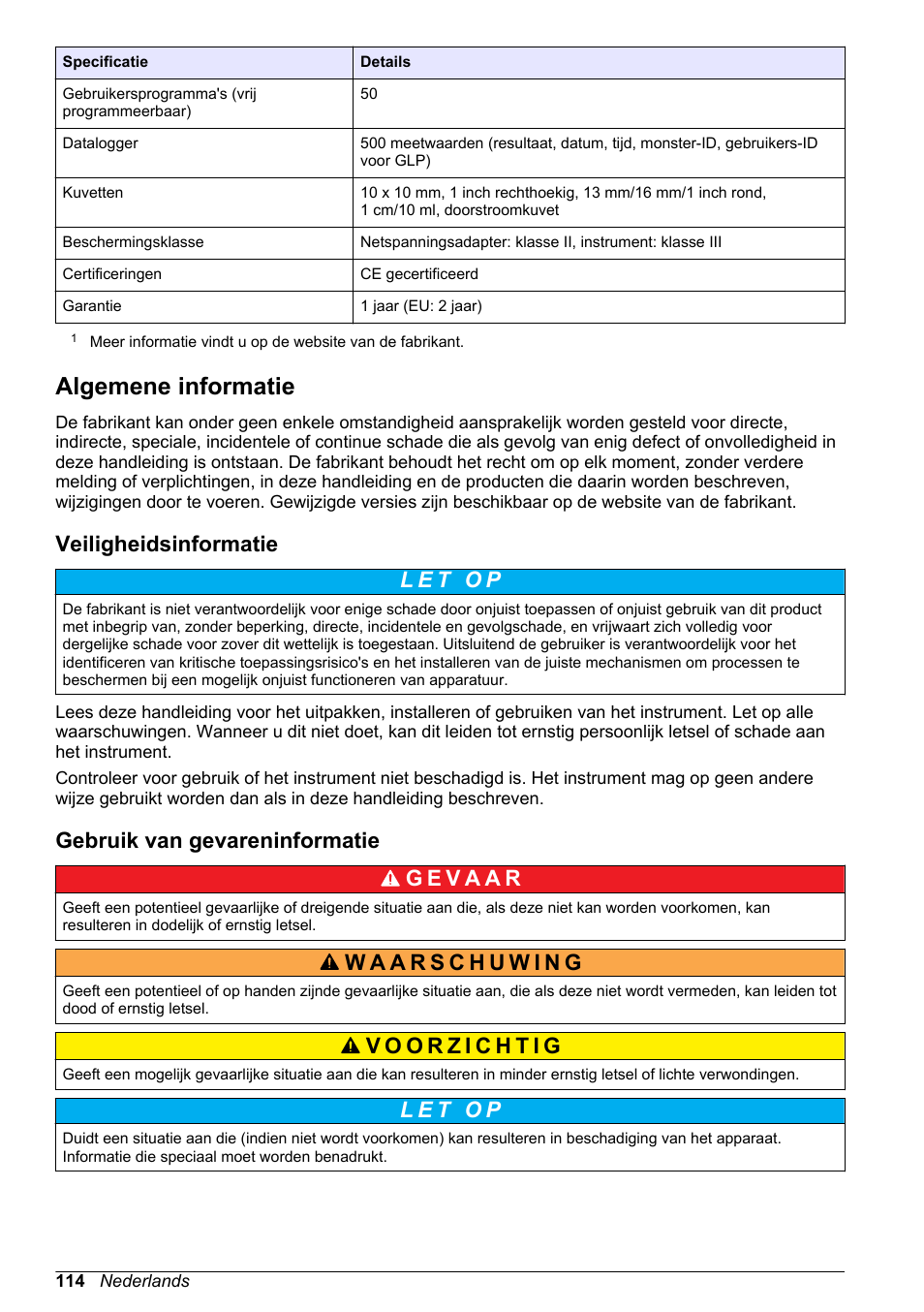 Algemene informatie, Veiligheidsinformatie, Gebruik van gevareninformatie | Hach-Lange DR1900 Basic User Manual User Manual | Page 114 / 318