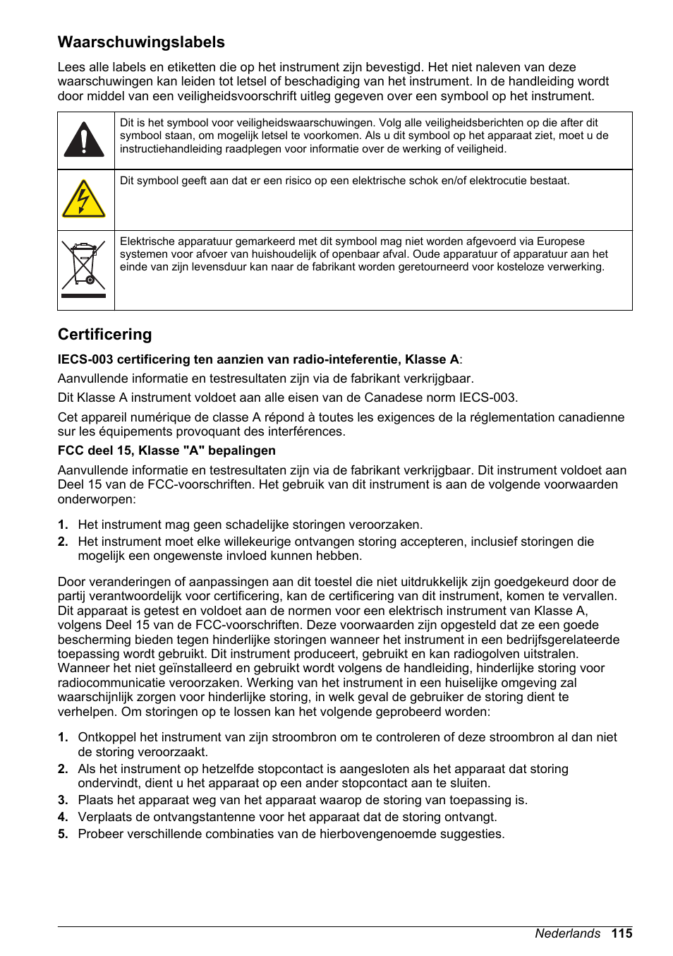 Waarschuwingslabels, Certificering | Hach-Lange DR1900 Basic User Manual User Manual | Page 115 / 318