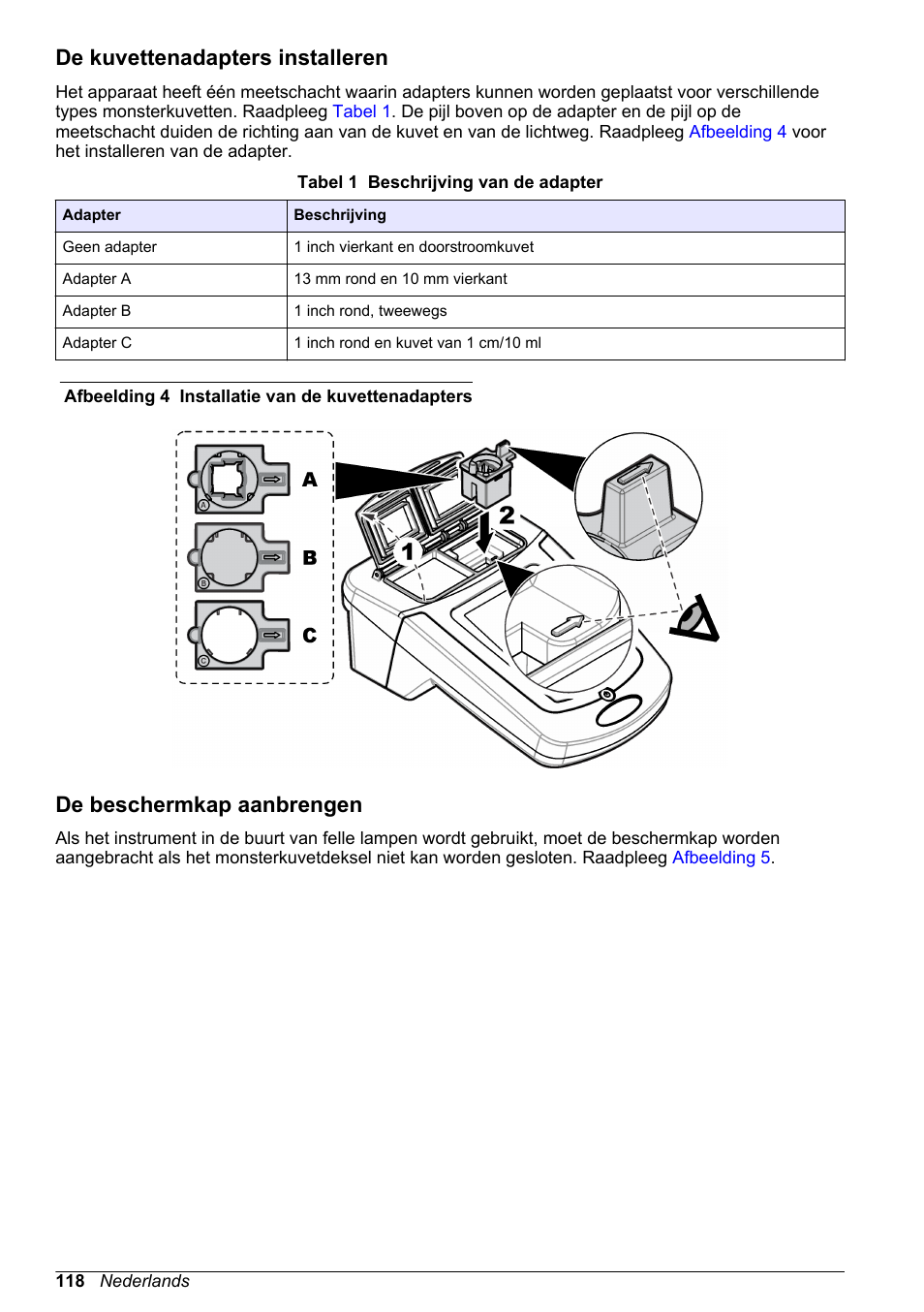 De kuvettenadapters installeren, De beschermkap aanbrengen | Hach-Lange DR1900 Basic User Manual User Manual | Page 118 / 318