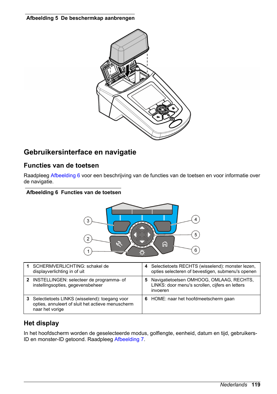 Gebruikersinterface en navigatie, Functies van de toetsen, Het display | Afbeelding 5 | Hach-Lange DR1900 Basic User Manual User Manual | Page 119 / 318