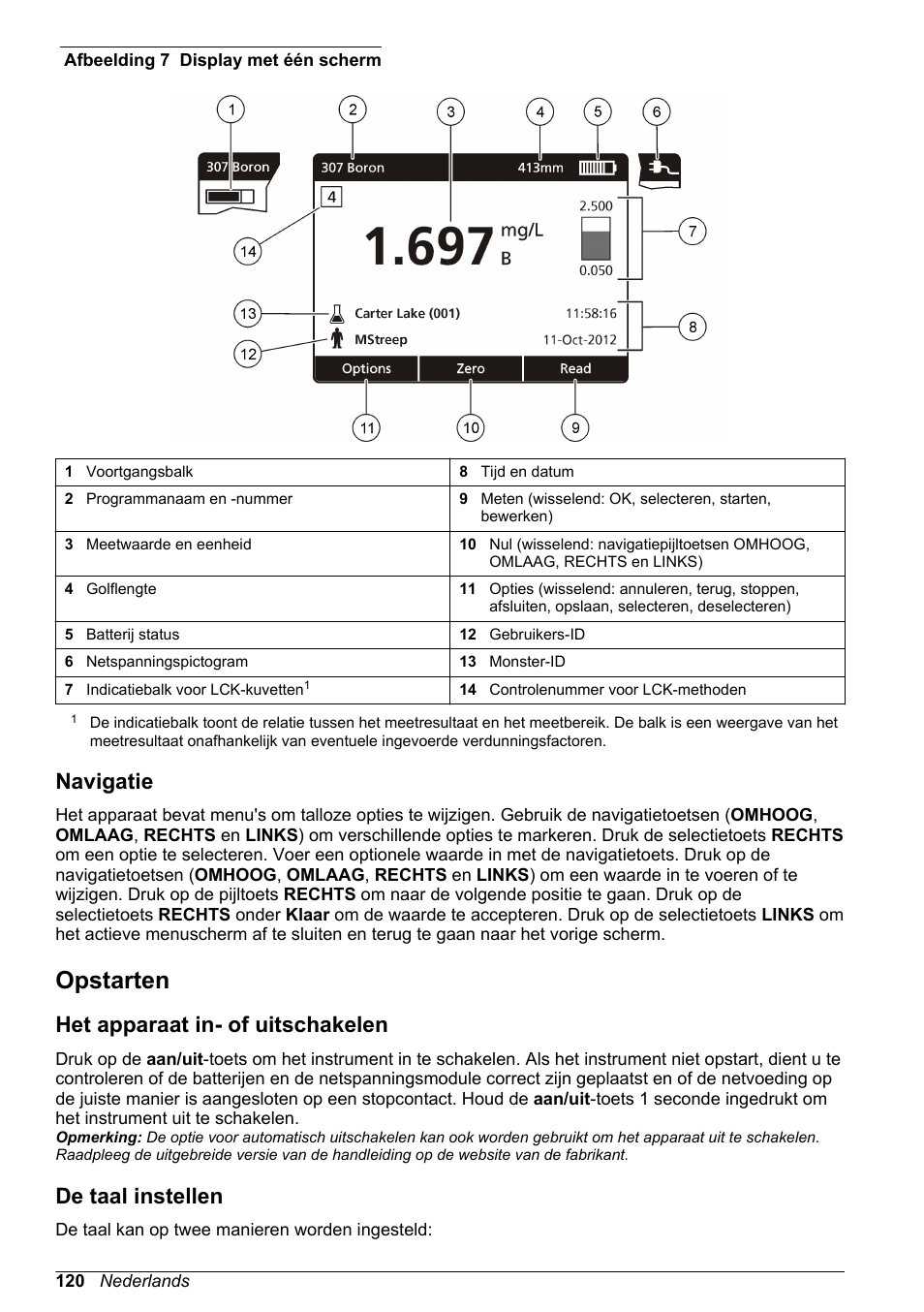 Navigatie, Opstarten, Het apparaat in- of uitschakelen | De taal instellen, Afbeelding 7 | Hach-Lange DR1900 Basic User Manual User Manual | Page 120 / 318