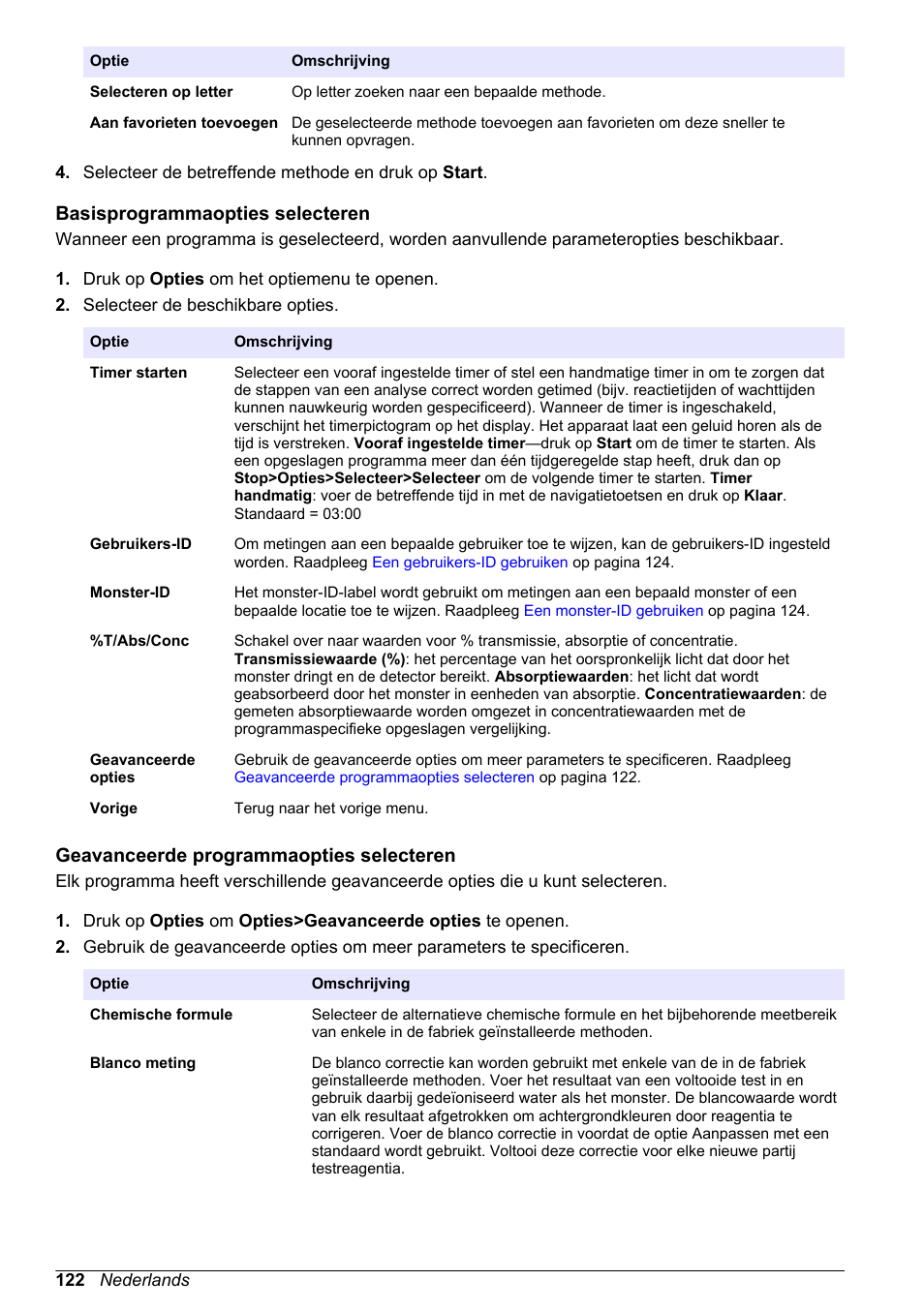 Basisprogrammaopties selecteren, Geavanceerde programmaopties selecteren | Hach-Lange DR1900 Basic User Manual User Manual | Page 122 / 318