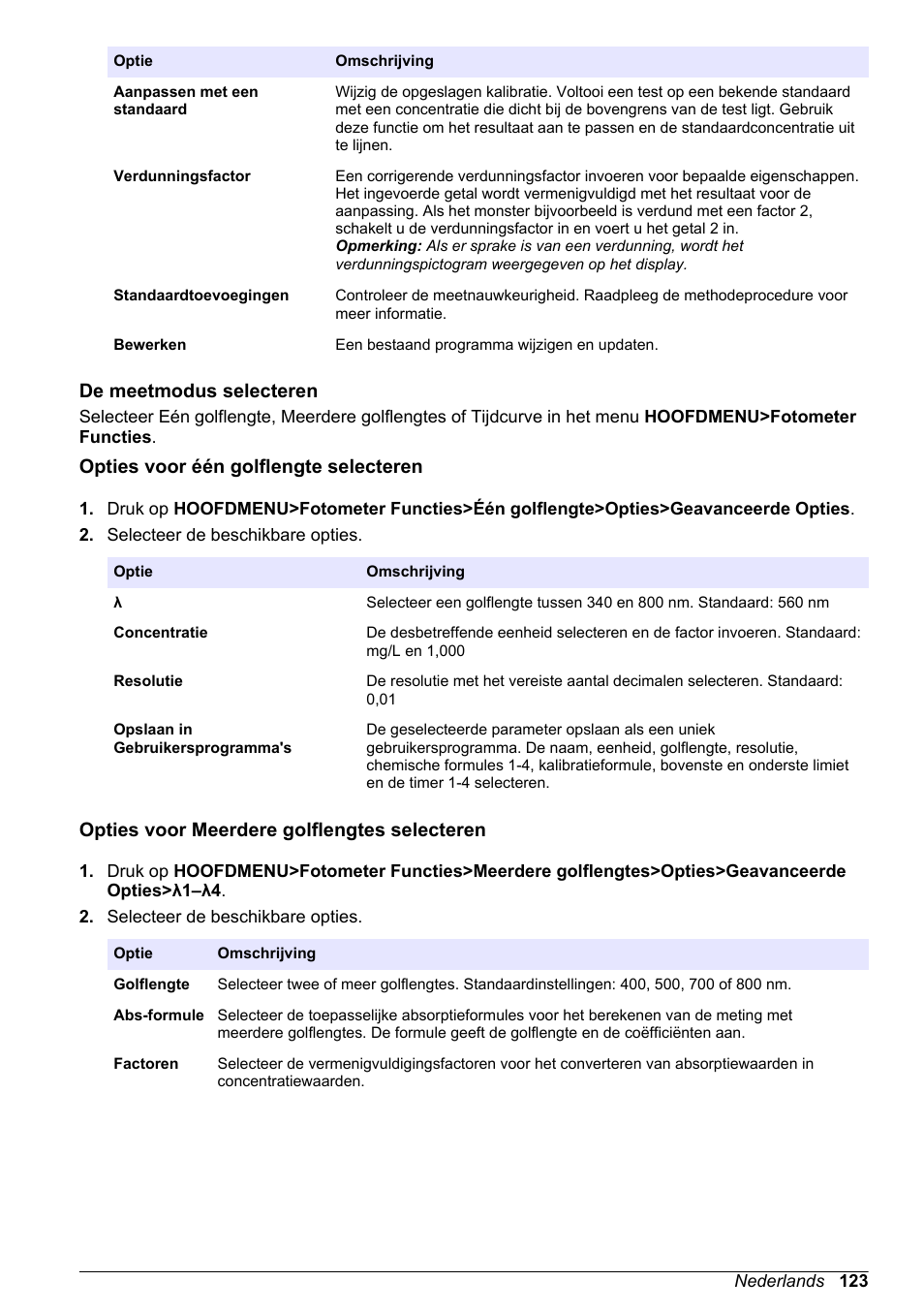 De meetmodus selecteren, Opties voor één golflengte selecteren, Opties voor meerdere golflengtes selecteren | Hach-Lange DR1900 Basic User Manual User Manual | Page 123 / 318