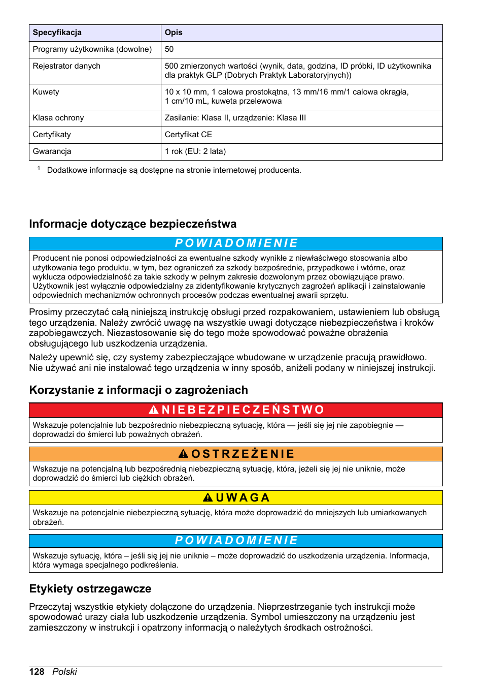 Informacje dotyczące bezpieczeństwa, Korzystanie z informacji o zagrożeniach, Etykiety ostrzegawcze | Hach-Lange DR1900 Basic User Manual User Manual | Page 128 / 318