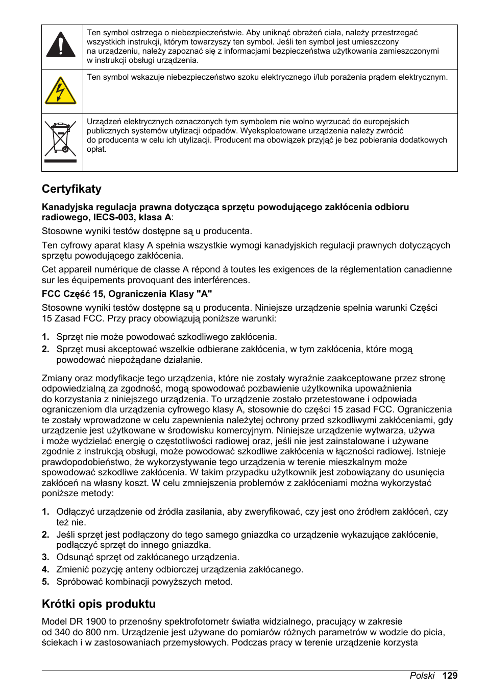 Certyfikaty, Krótki opis produktu | Hach-Lange DR1900 Basic User Manual User Manual | Page 129 / 318