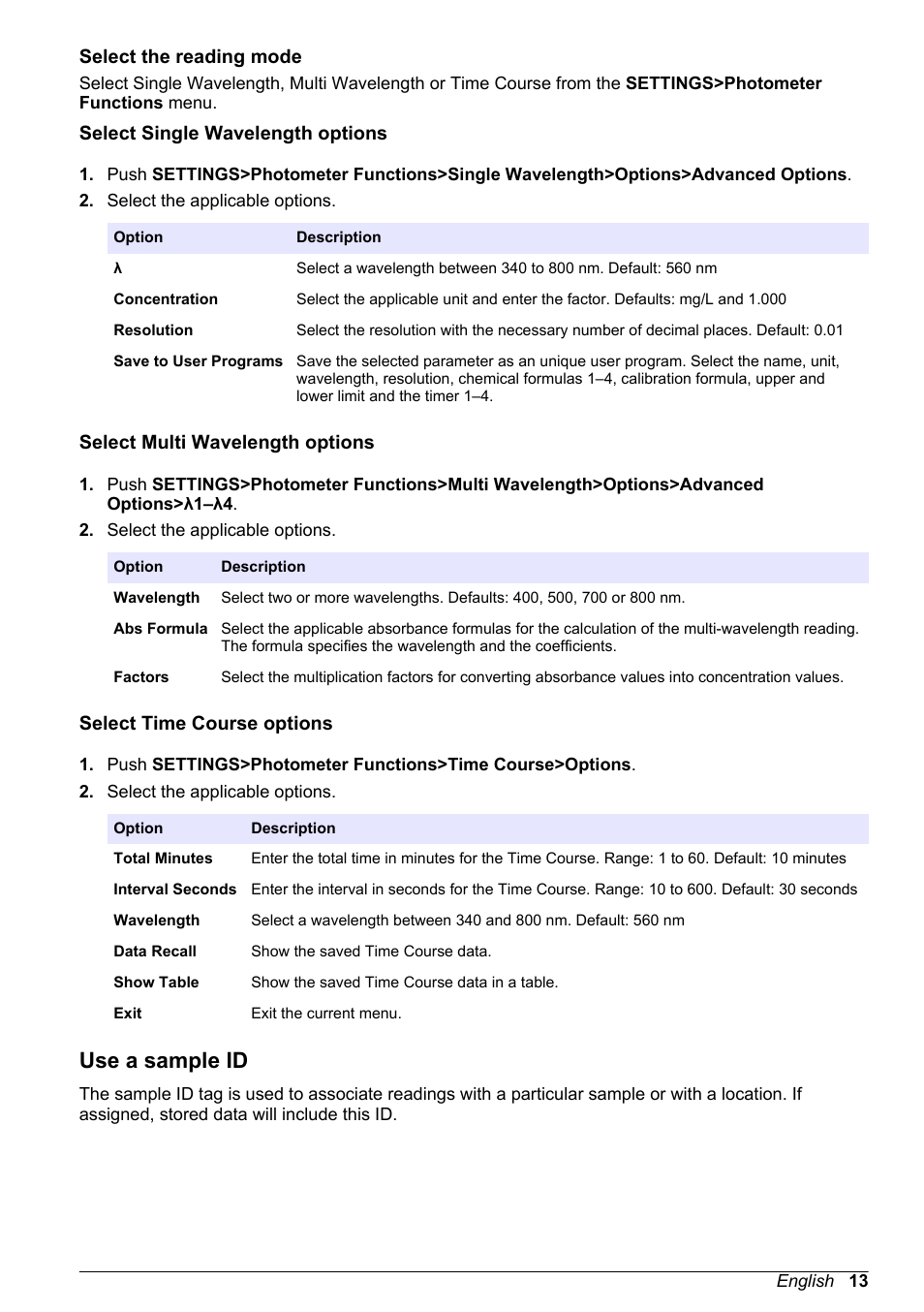 Select the reading mode, Select single wavelength options, Select multi wavelength options | Select time course options, Use a sample id | Hach-Lange DR1900 Basic User Manual User Manual | Page 13 / 318