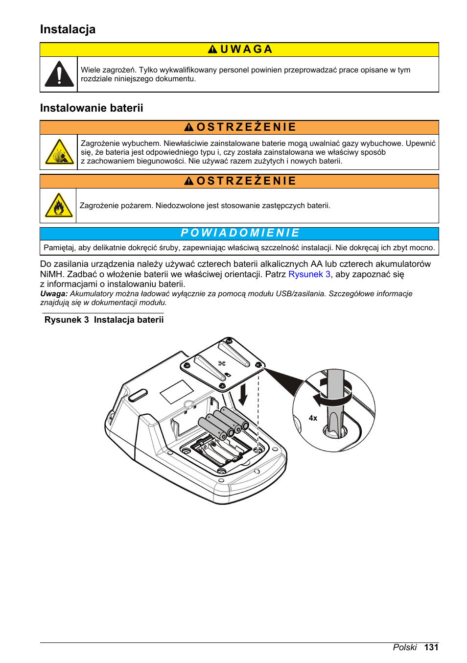 Instalacja, Instalowanie baterii | Hach-Lange DR1900 Basic User Manual User Manual | Page 131 / 318
