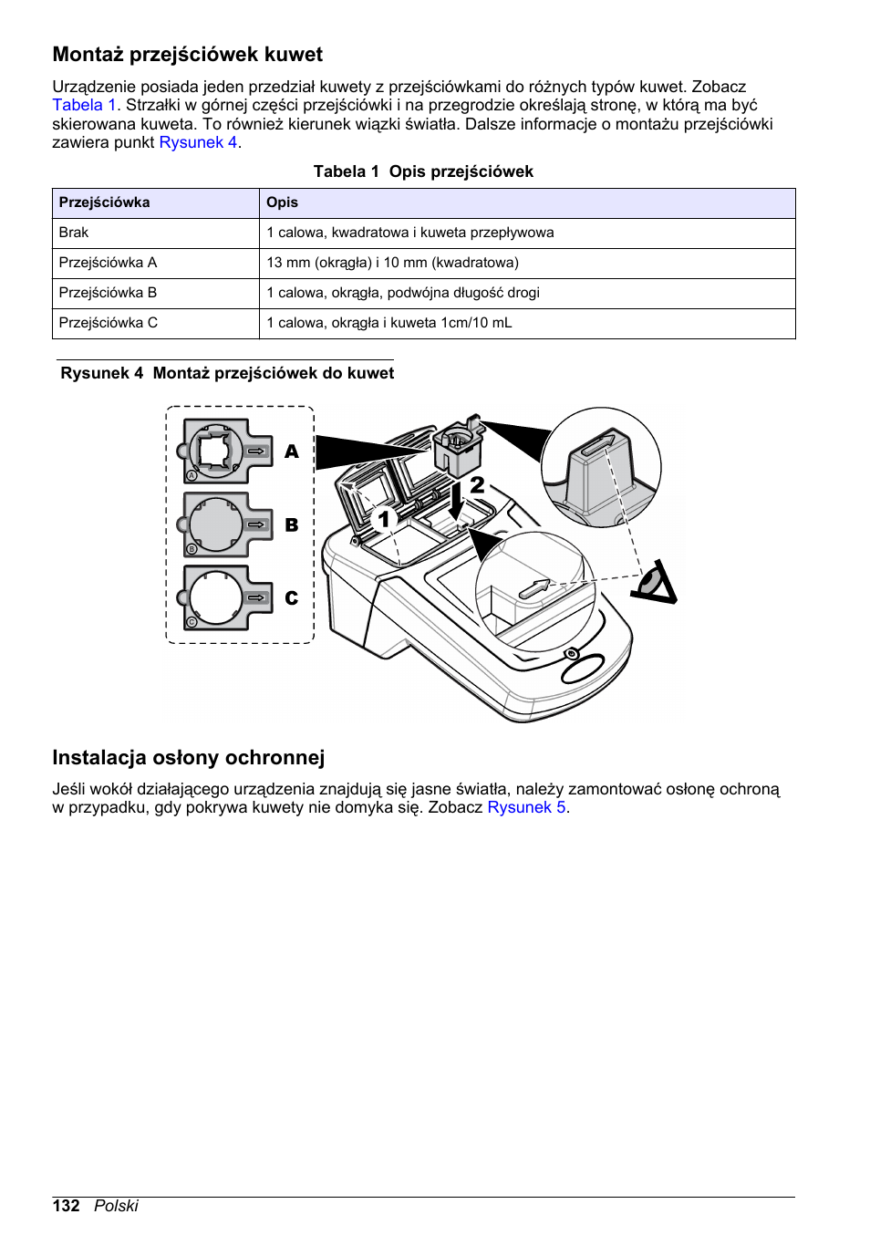 Montaż przejściówek kuwet, Instalacja osłony ochronnej | Hach-Lange DR1900 Basic User Manual User Manual | Page 132 / 318
