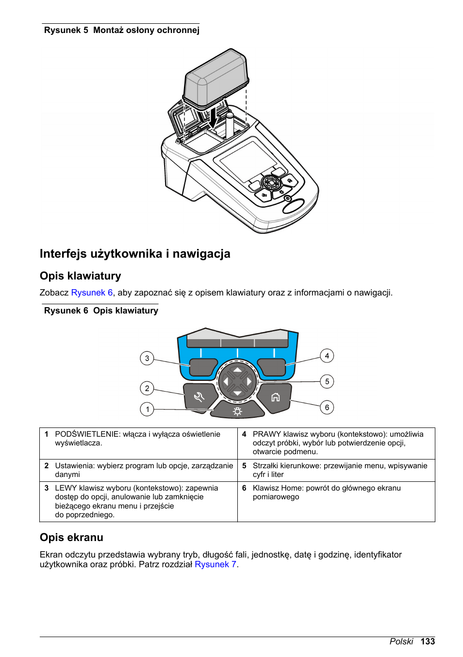 Interfejs użytkownika i nawigacja, Opis klawiatury, Opis ekranu | Na stronie, Rysunek 5 | Hach-Lange DR1900 Basic User Manual User Manual | Page 133 / 318
