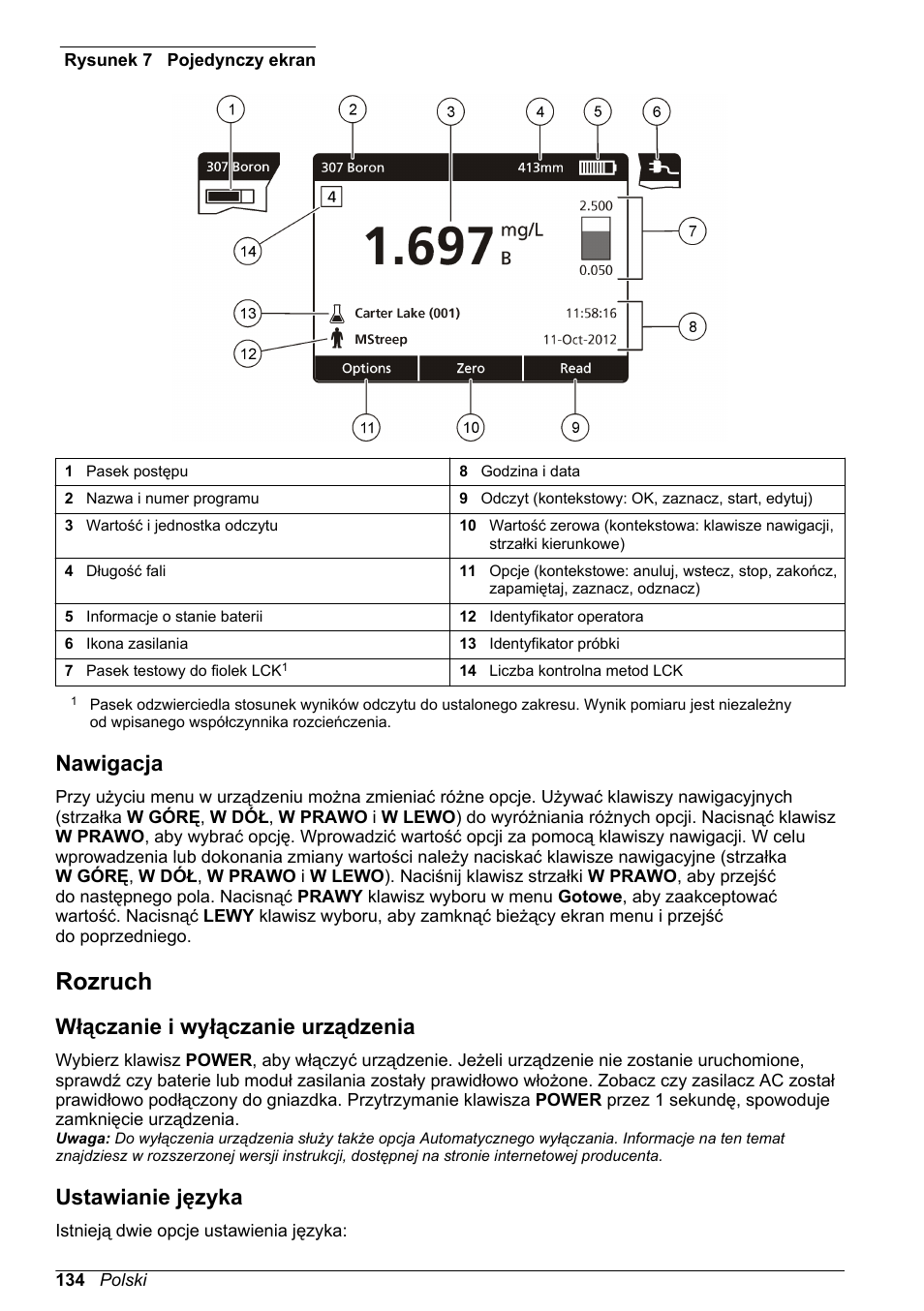 Nawigacja, Rozruch, Włączanie i wyłączanie urządzenia | Ustawianie języka, Rysunek 7 | Hach-Lange DR1900 Basic User Manual User Manual | Page 134 / 318