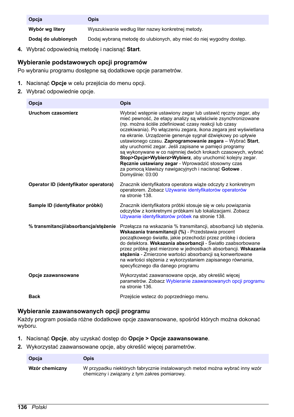 Wybieranie podstawowych opcji programów, Wybieranie zaawansowanych opcji programu | Hach-Lange DR1900 Basic User Manual User Manual | Page 136 / 318