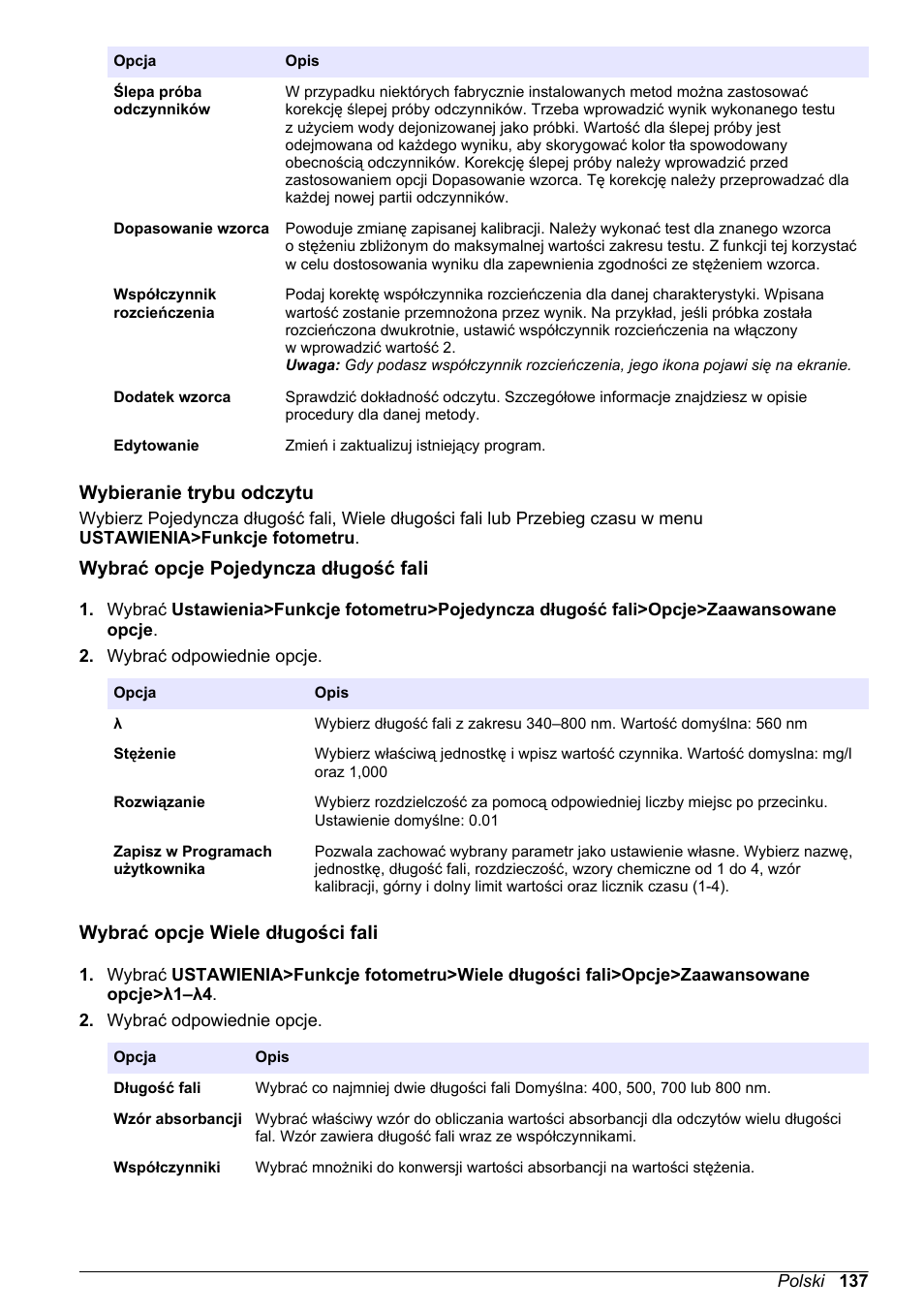 Wybieranie trybu odczytu, Wybrać opcje pojedyncza długość fali, Wybrać opcje wiele długości fali | Hach-Lange DR1900 Basic User Manual User Manual | Page 137 / 318