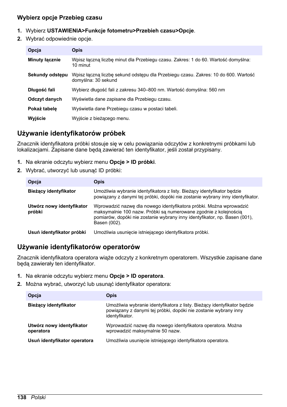 Wybierz opcje przebieg czasu, Używanie identyfikatorów próbek, Używanie identyfikatorów operatorów | Hach-Lange DR1900 Basic User Manual User Manual | Page 138 / 318