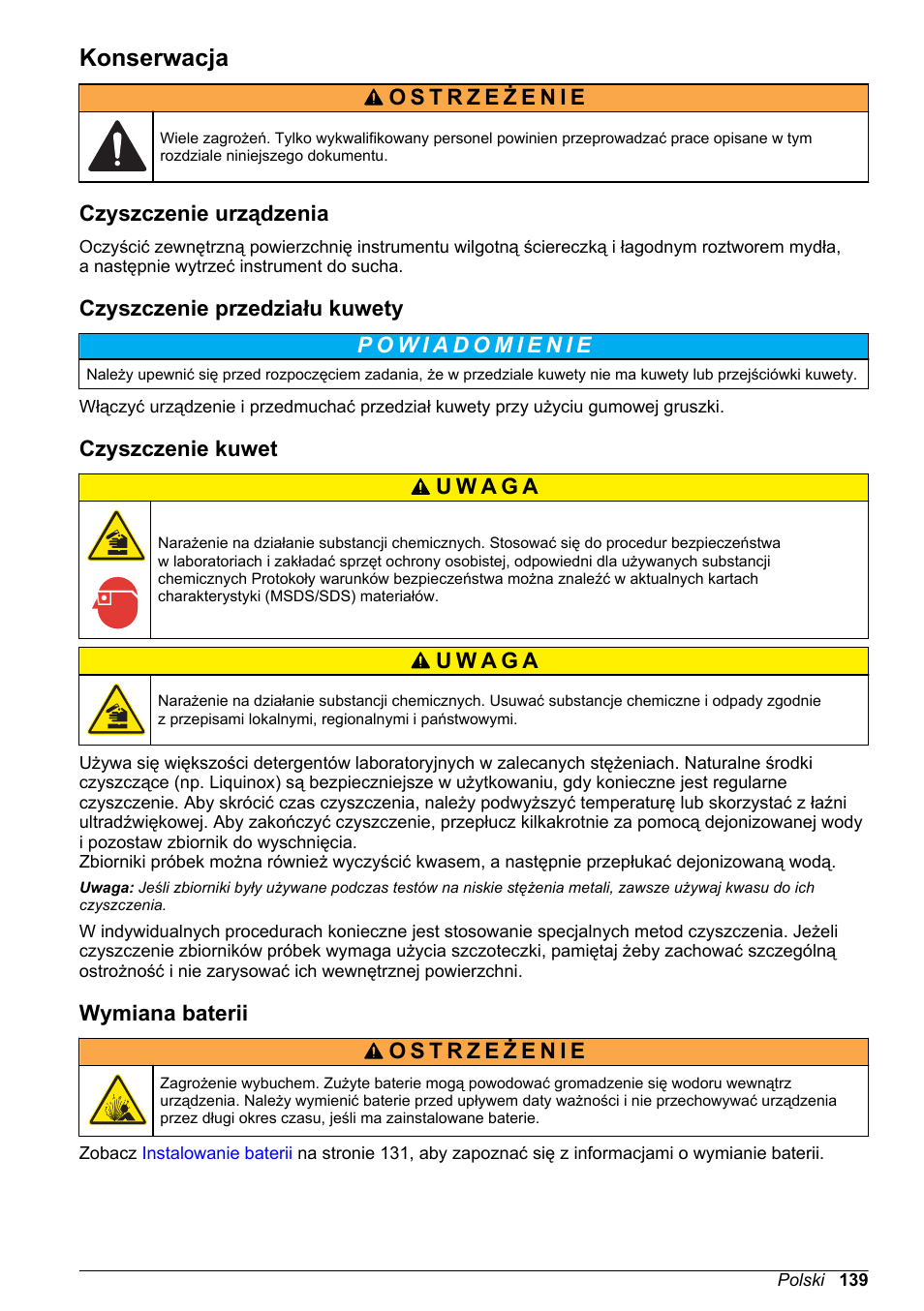 Konserwacja, Czyszczenie urządzenia, Czyszczenie przedziału kuwety | Czyszczenie kuwet, Wymiana baterii | Hach-Lange DR1900 Basic User Manual User Manual | Page 139 / 318