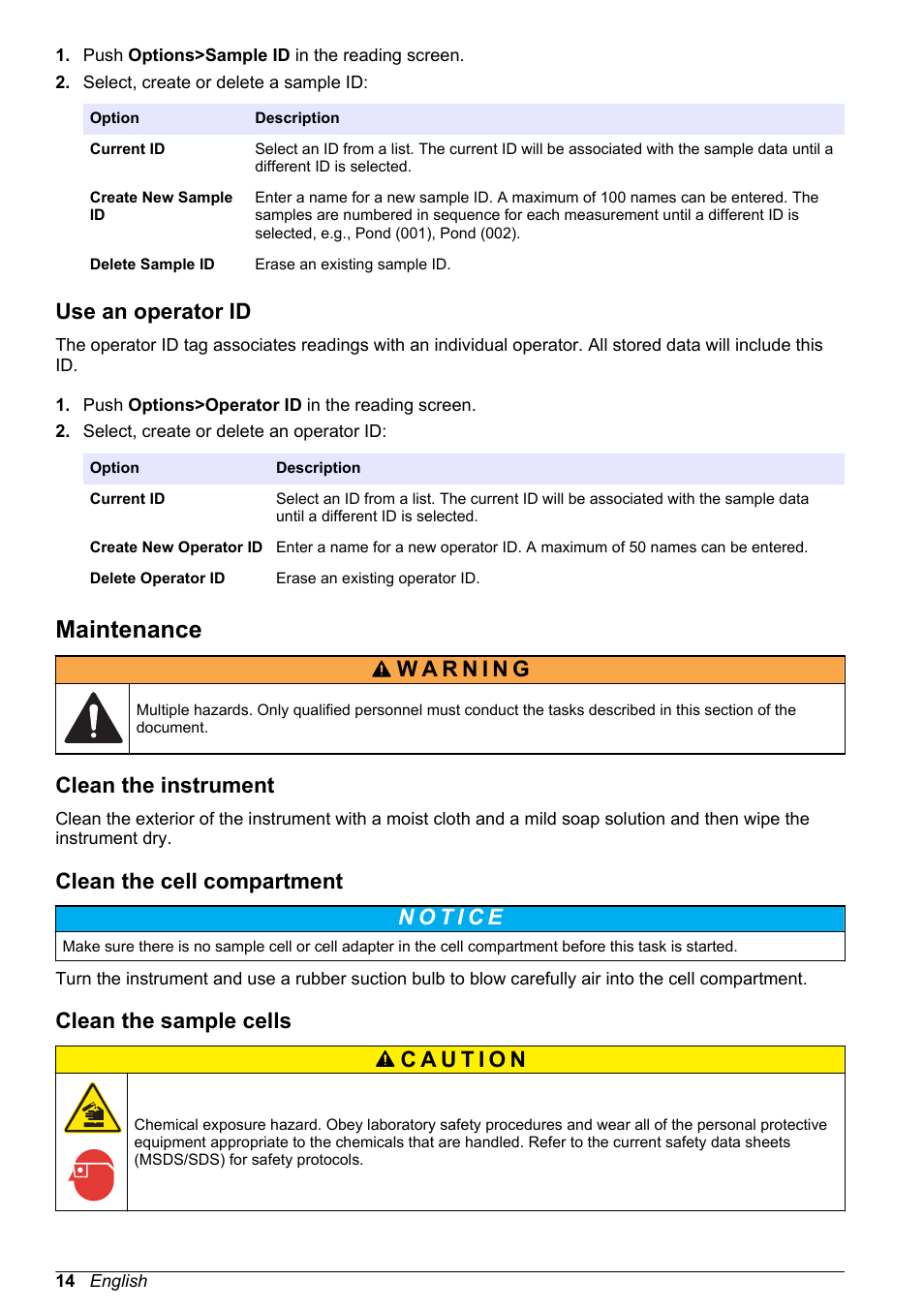 Use an operator id, Maintenance, Clean the instrument | Clean the cell compartment, Clean the sample cells, Use an, Operator id | Hach-Lange DR1900 Basic User Manual User Manual | Page 14 / 318