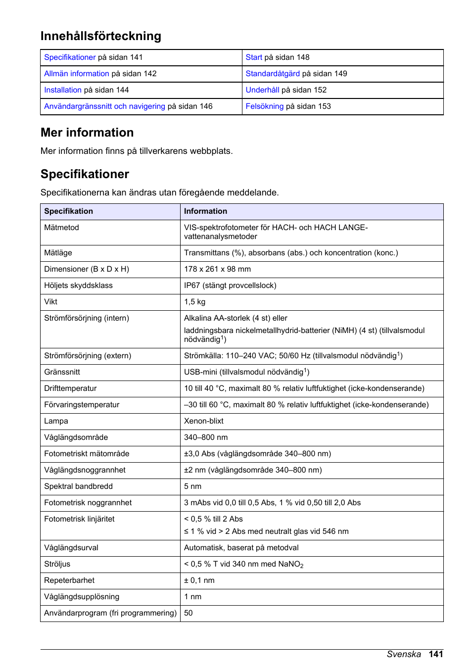 Grundläggande bruksanvisning, Innehållsförteckning, Mer information | Specifikationer, Svenska | Hach-Lange DR1900 Basic User Manual User Manual | Page 141 / 318