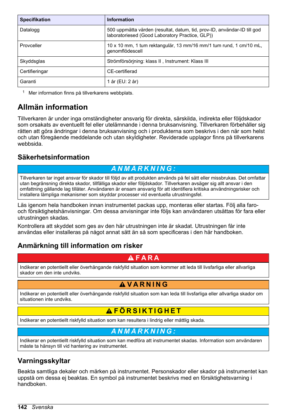 Allmän information, Säkerhetsinformation, Anmärkning till information om risker | Varningsskyltar, På sidan 142 | Hach-Lange DR1900 Basic User Manual User Manual | Page 142 / 318