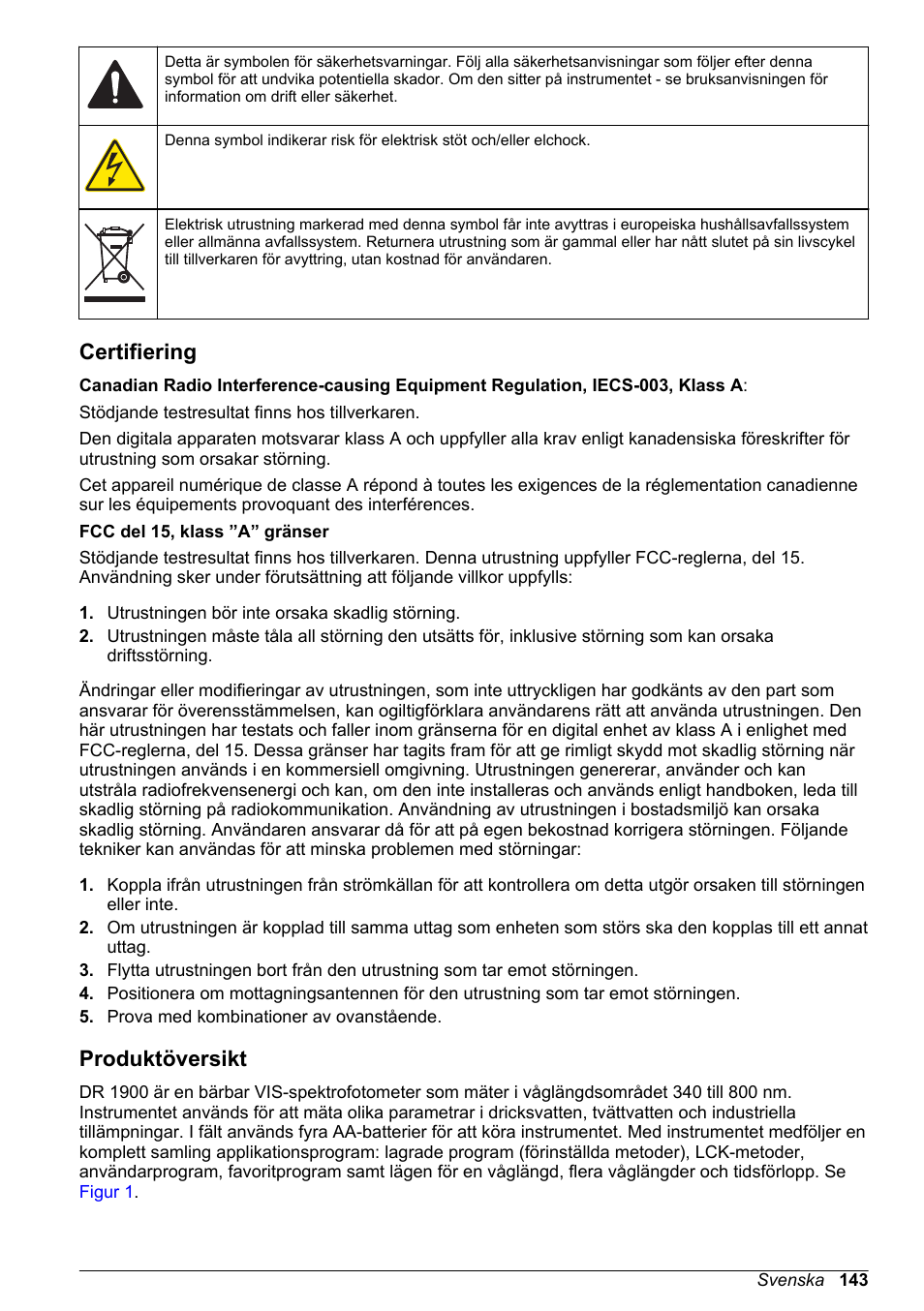 Certifiering, Produktöversikt | Hach-Lange DR1900 Basic User Manual User Manual | Page 143 / 318