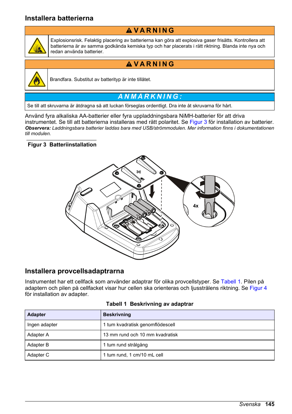 Installera batterierna, Installera provcellsadaptrarna | Hach-Lange DR1900 Basic User Manual User Manual | Page 145 / 318
