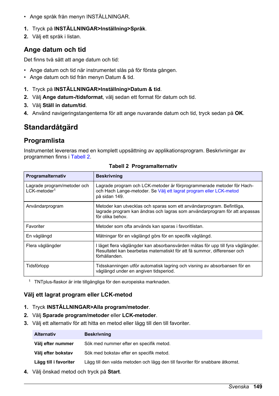 Ange datum och tid, Standardåtgärd, Programlista | Välj ett lagrat program eller lck-metod | Hach-Lange DR1900 Basic User Manual User Manual | Page 149 / 318