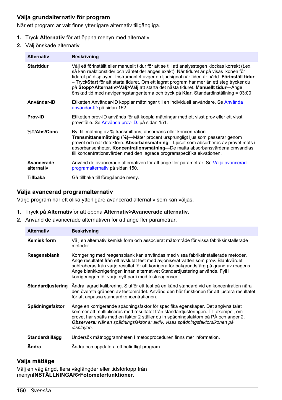 Välja grundalternativ för program, Välja avancerad programalternativ, Välja mätläge | Hach-Lange DR1900 Basic User Manual User Manual | Page 150 / 318