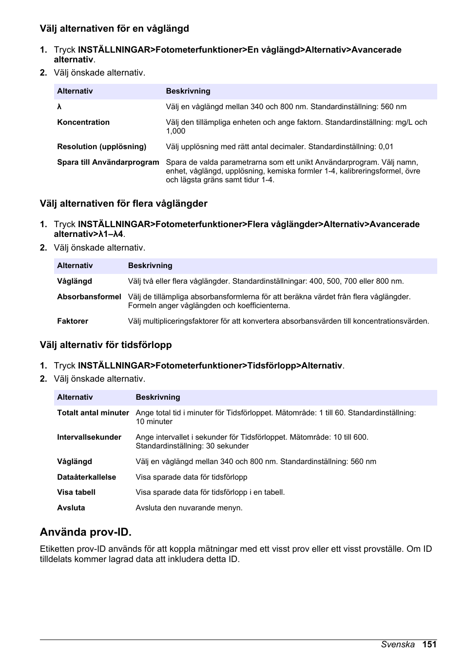 Välj alternativen för en våglängd, Välj alternativen för flera våglängder, Välj alternativ för tidsförlopp | Använda prov-id, På sidan 151 | Hach-Lange DR1900 Basic User Manual User Manual | Page 151 / 318