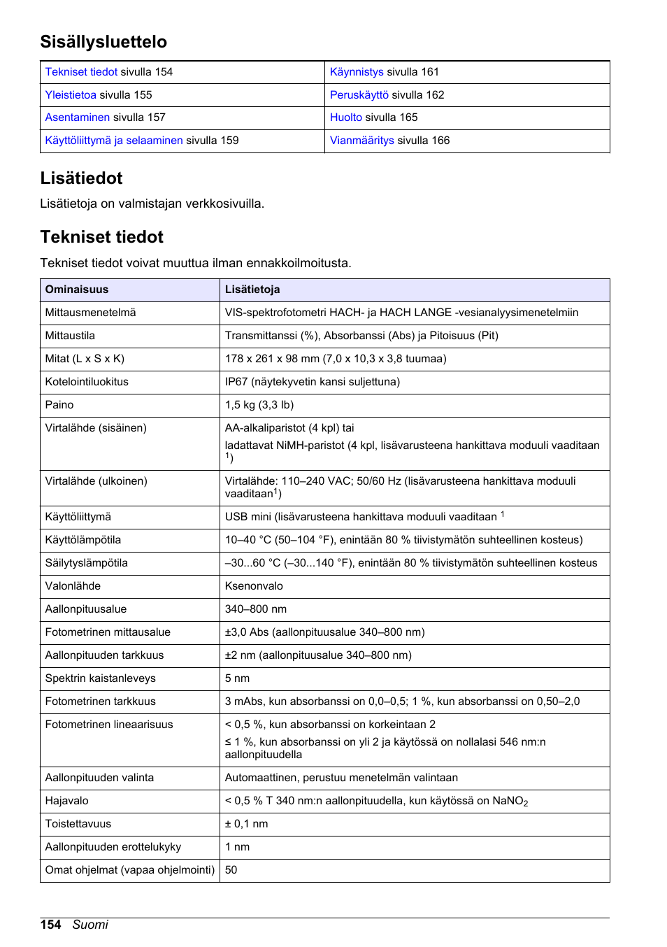 Peruskäyttöohje, Sisällysluettelo, Lisätiedot | Tekniset tiedot, Suomi | Hach-Lange DR1900 Basic User Manual User Manual | Page 154 / 318