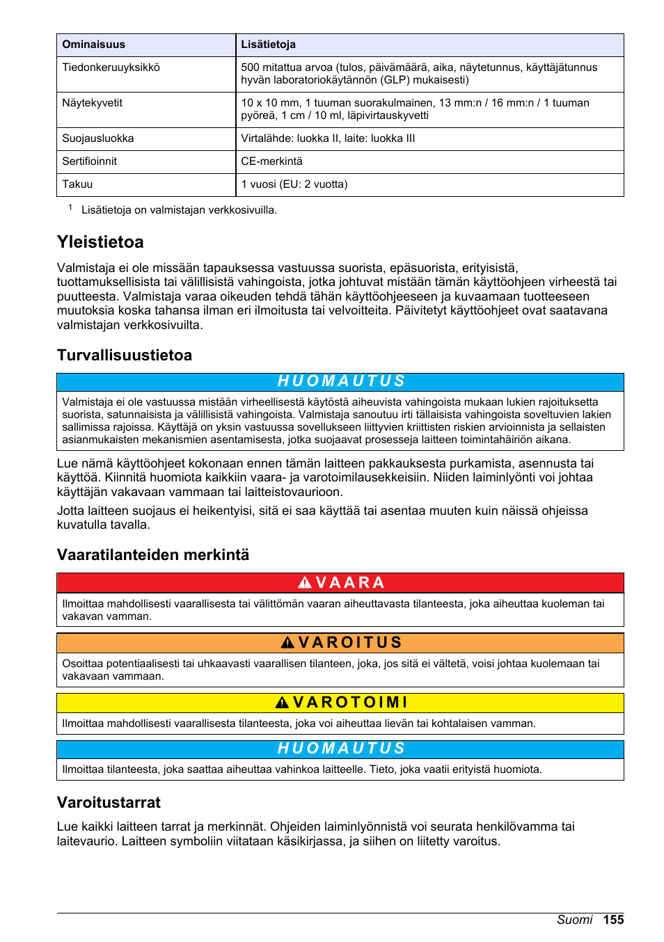 Yleistietoa, Turvallisuustietoa, Vaaratilanteiden merkintä | Varoitustarrat, Sivulla | Hach-Lange DR1900 Basic User Manual User Manual | Page 155 / 318