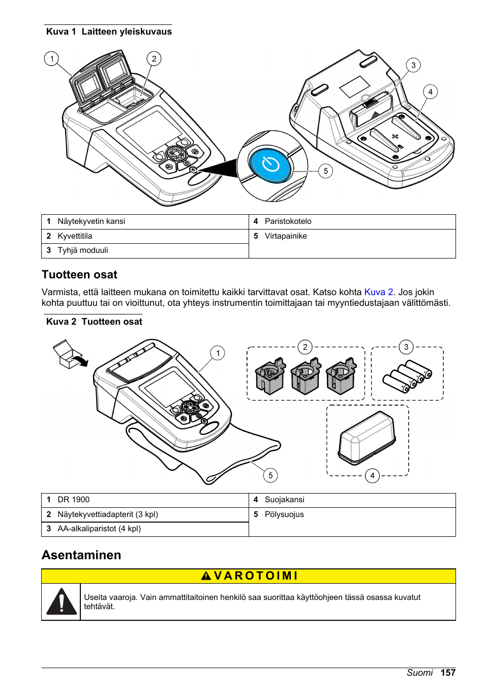 Tuotteen osat, Asentaminen | Hach-Lange DR1900 Basic User Manual User Manual | Page 157 / 318