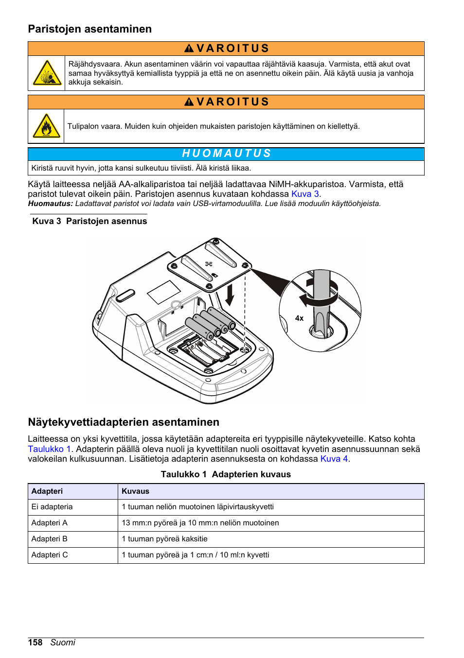 Paristojen asentaminen, Näytekyvettiadapterien asentaminen | Hach-Lange DR1900 Basic User Manual User Manual | Page 158 / 318