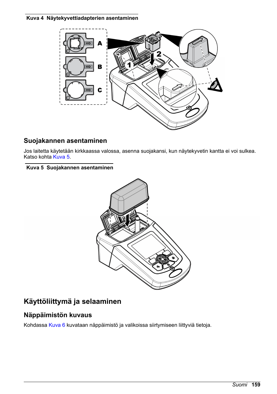 Suojakannen asentaminen, Käyttöliittymä ja selaaminen, Näppäimistön kuvaus | Sivulla, Kuva 4 | Hach-Lange DR1900 Basic User Manual User Manual | Page 159 / 318