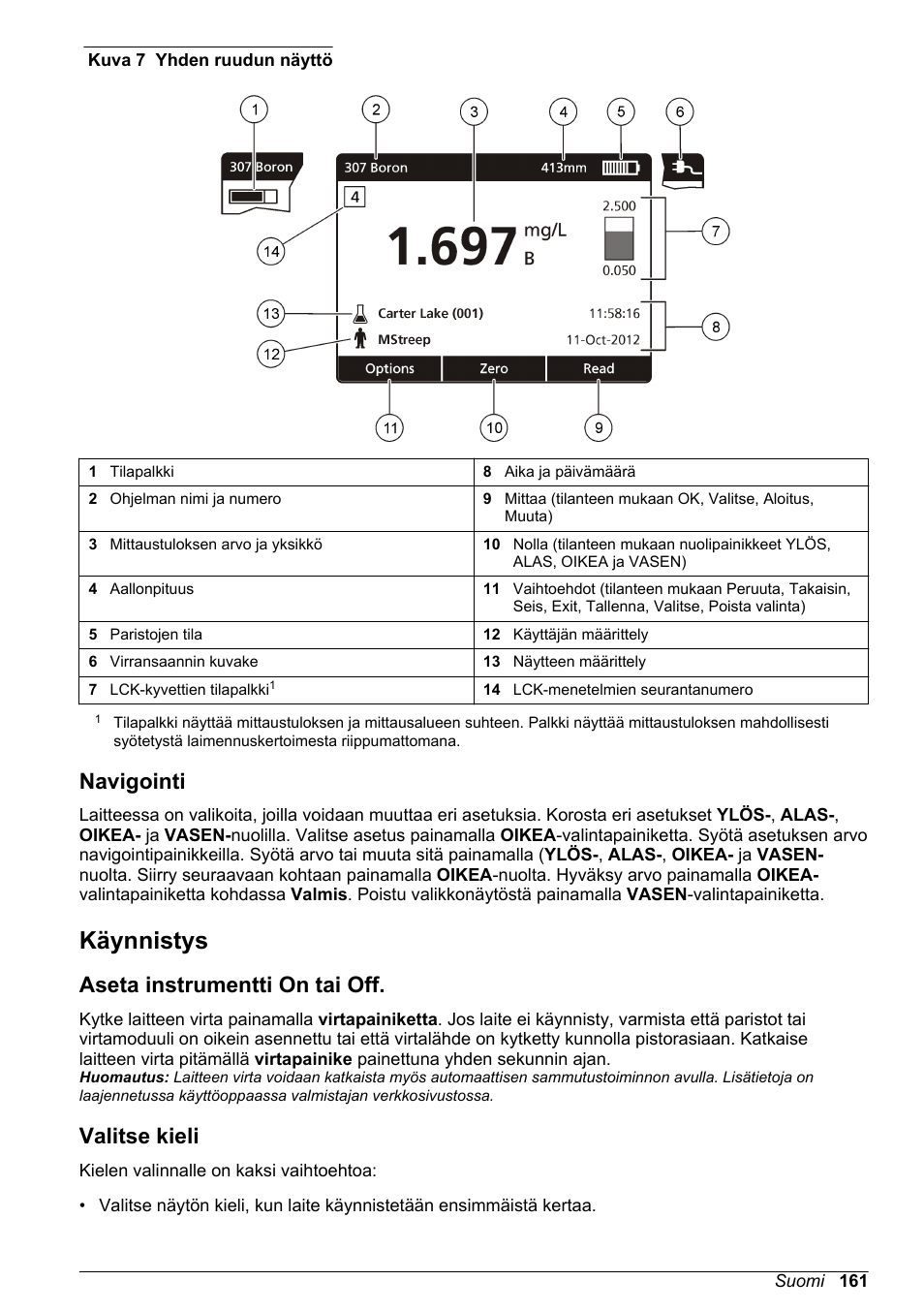 Navigointi, Käynnistys, Aseta instrumentti on tai off | Valitse kieli | Hach-Lange DR1900 Basic User Manual User Manual | Page 161 / 318
