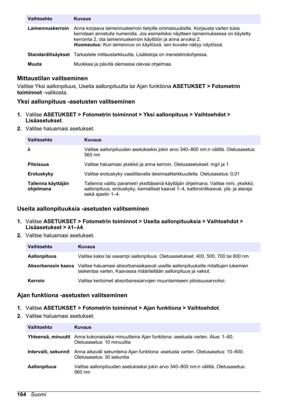 Mittaustilan valitseminen, Yksi aallonpituus -asetusten valitseminen, Useita aallonpituuksia -asetusten valitseminen | Ajan funktiona -asetusten valitseminen | Hach-Lange DR1900 Basic User Manual User Manual | Page 164 / 318