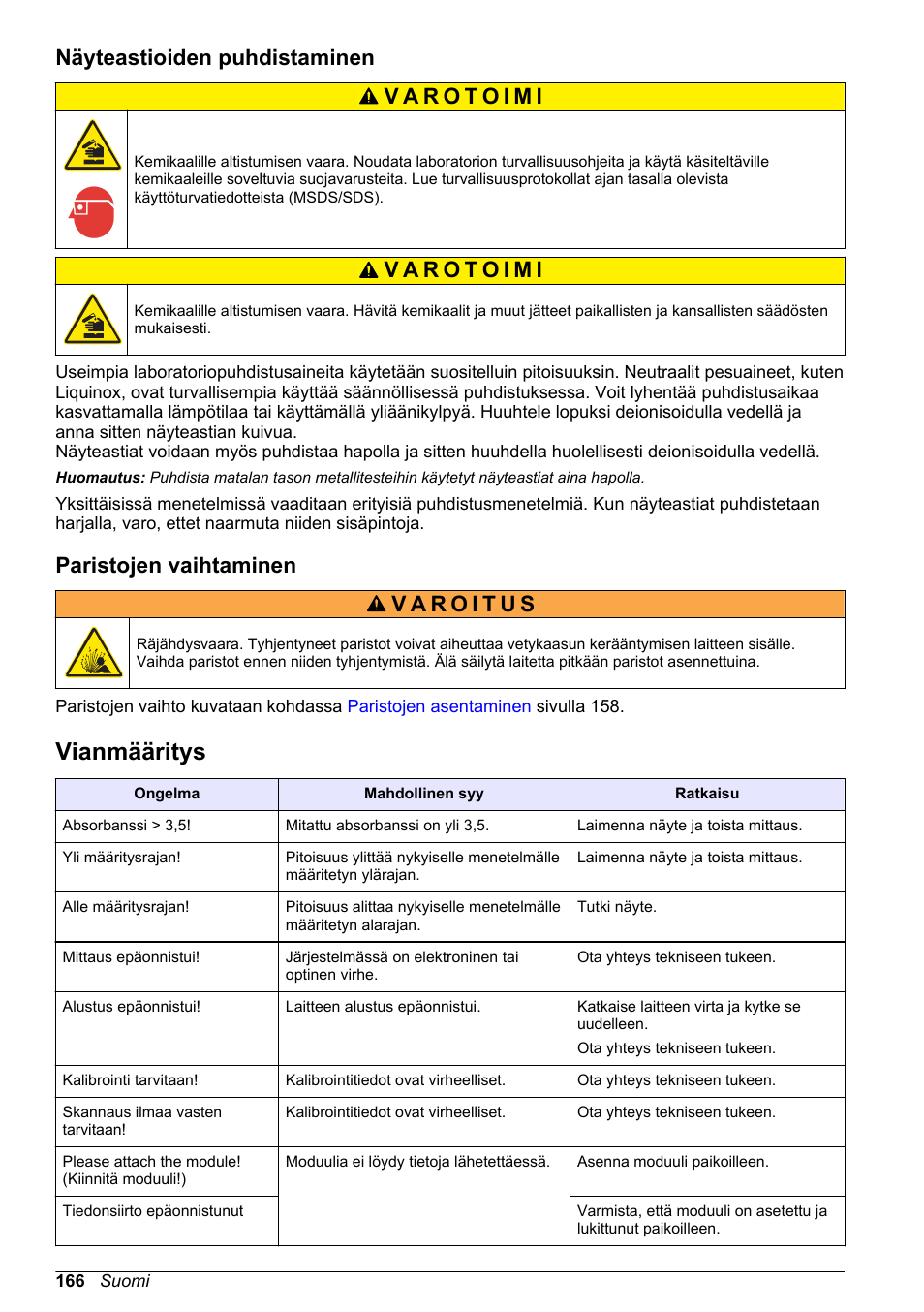 Näyteastioiden puhdistaminen, Paristojen vaihtaminen, Vianmääritys | Hach-Lange DR1900 Basic User Manual User Manual | Page 166 / 318