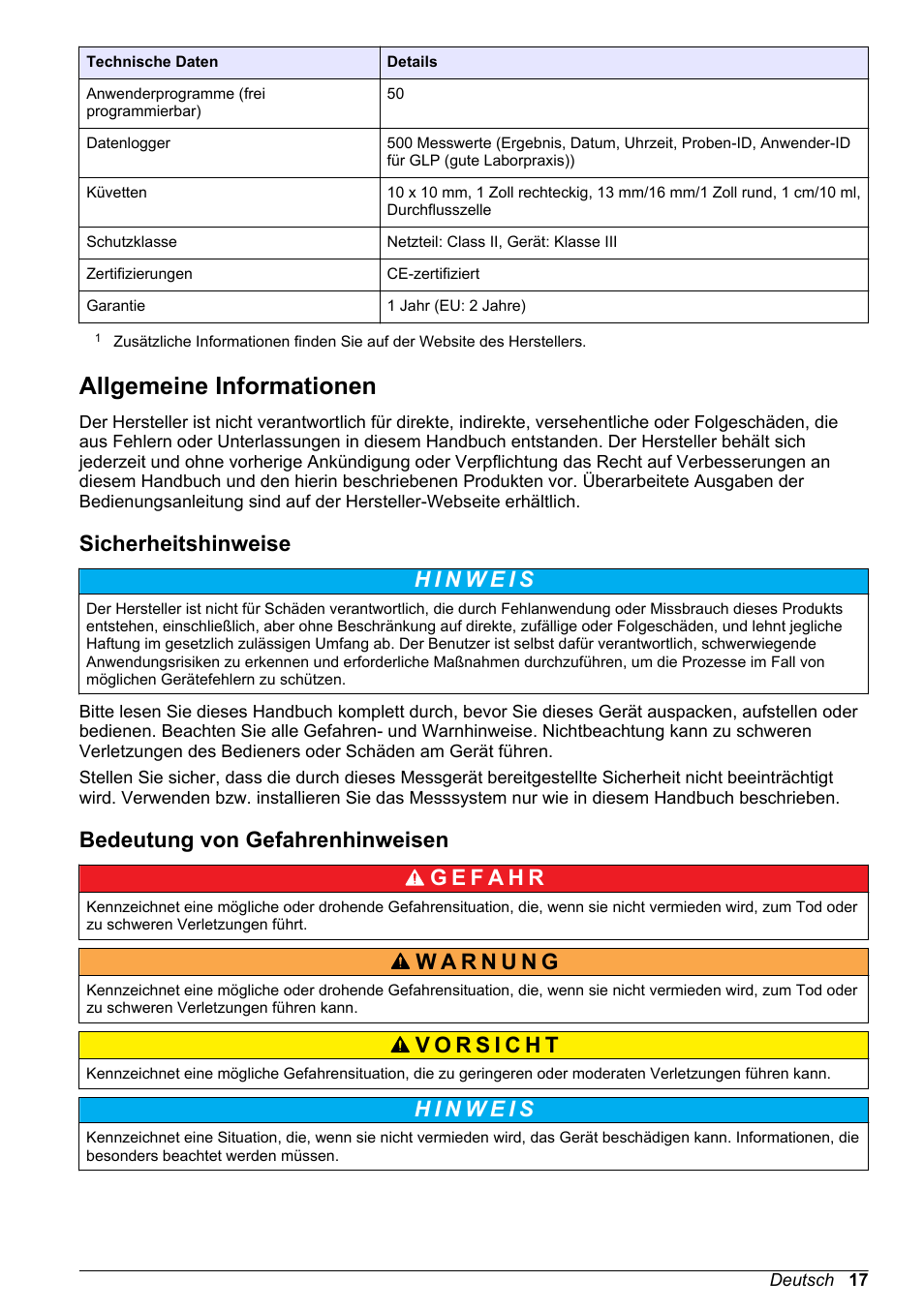 Allgemeine informationen, Sicherheitshinweise, Bedeutung von gefahrenhinweisen | Auf seite 17 | Hach-Lange DR1900 Basic User Manual User Manual | Page 17 / 318