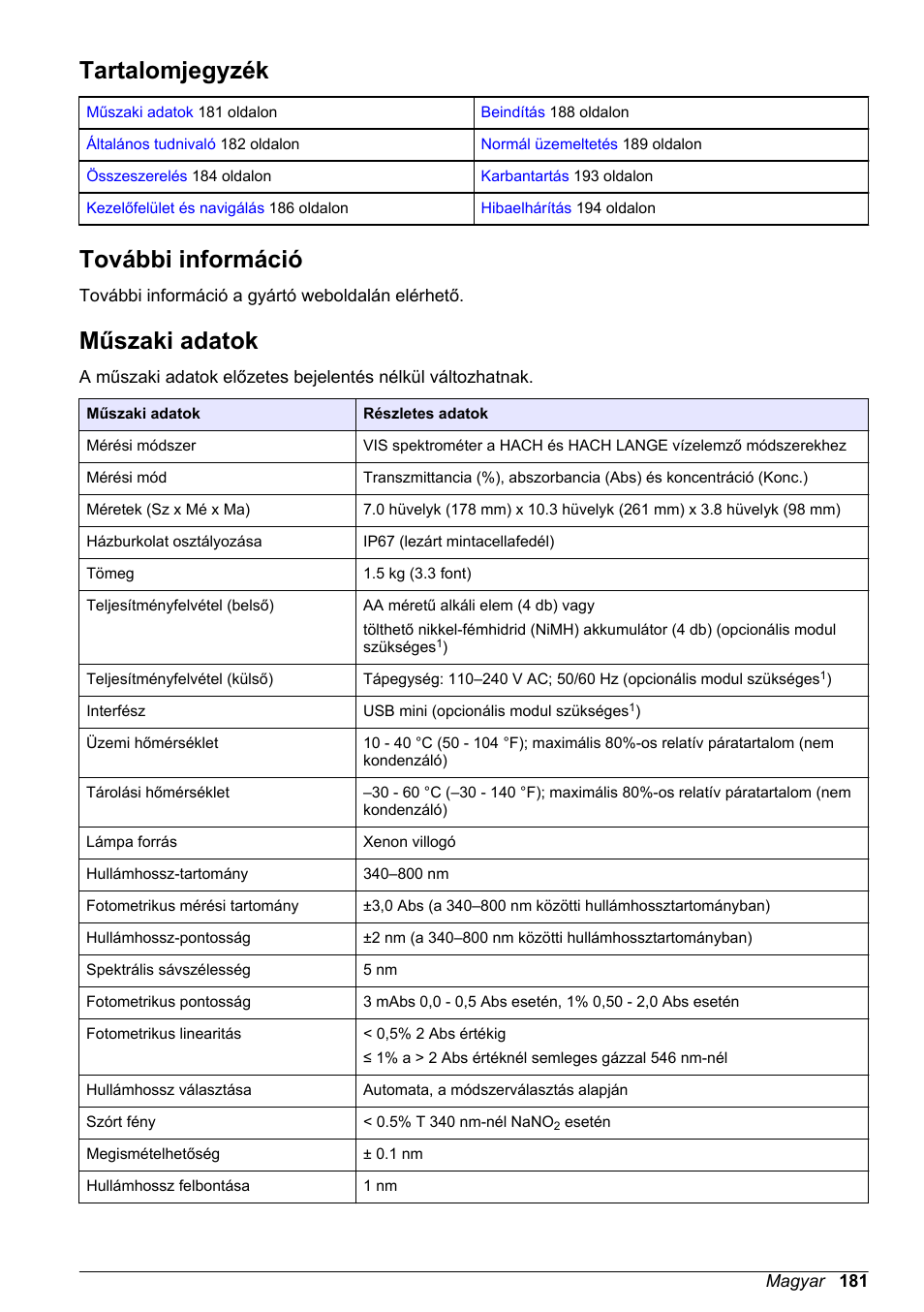 Alapvető felhasználói útmutató, Tartalomjegyzék, További információ | Műszaki adatok, Magyar | Hach-Lange DR1900 Basic User Manual User Manual | Page 181 / 318