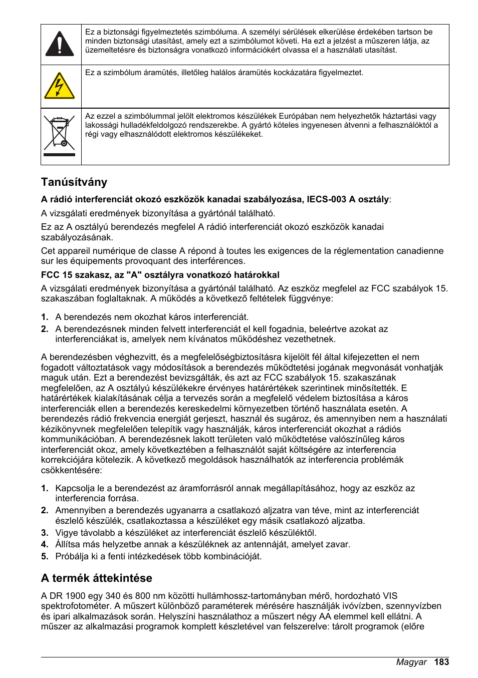 Tanúsítvány, A termék áttekintése | Hach-Lange DR1900 Basic User Manual User Manual | Page 183 / 318