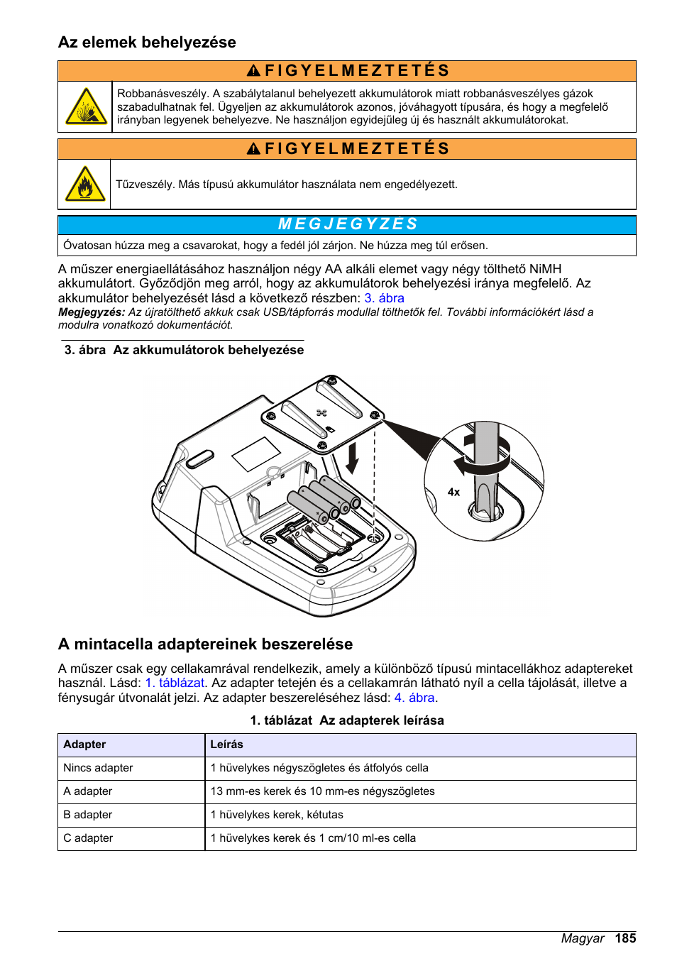 Az elemek behelyezése, A mintacella adaptereinek beszerelése | Hach-Lange DR1900 Basic User Manual User Manual | Page 185 / 318