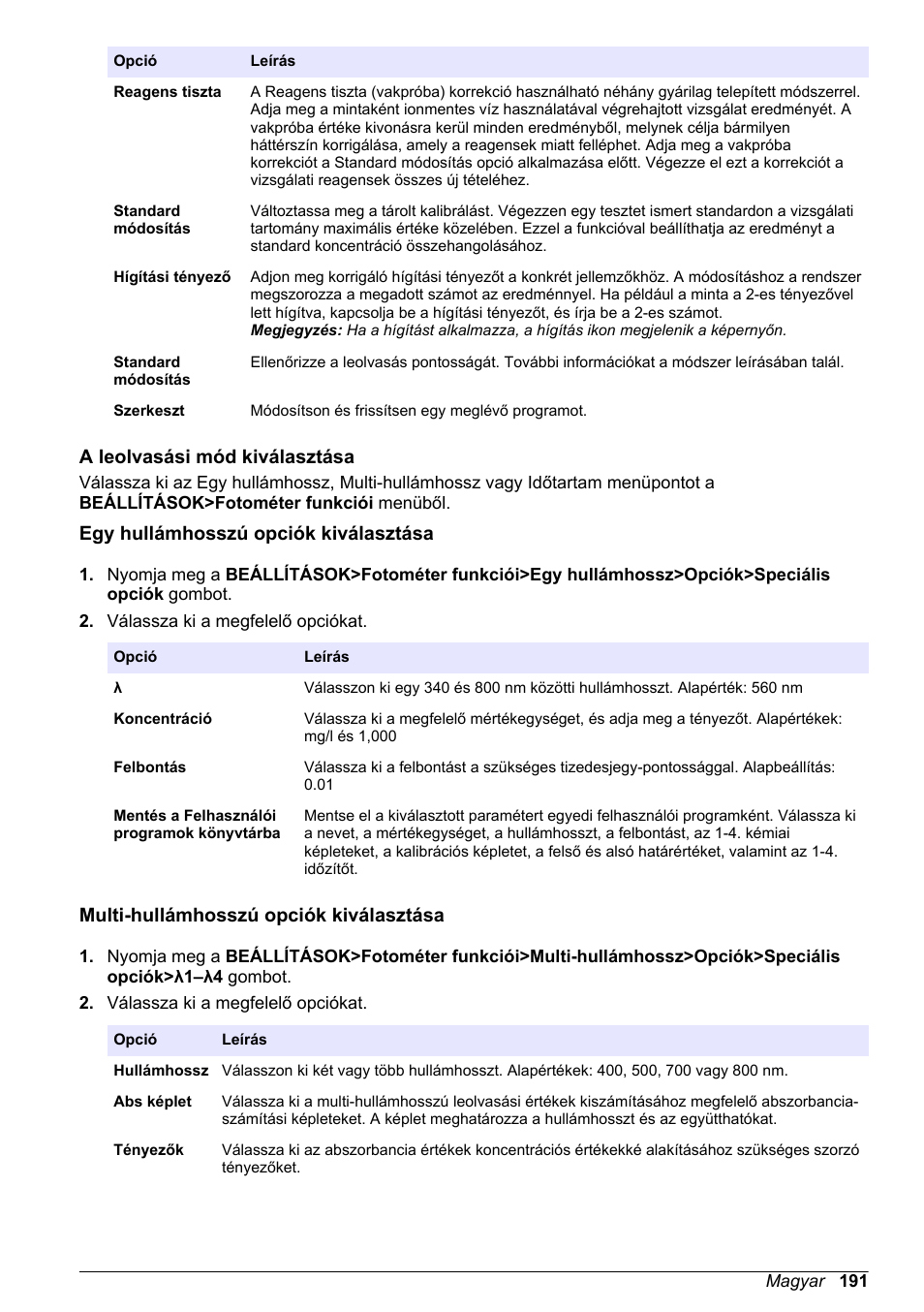 A leolvasási mód kiválasztása, Egy hullámhosszú opciók kiválasztása, Multi-hullámhosszú opciók kiválasztása | Hach-Lange DR1900 Basic User Manual User Manual | Page 191 / 318