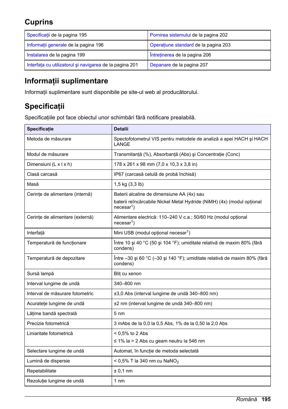 Manual de utilizare de bază, Cuprins, Informaţii suplimentare | Specificaţii, Română | Hach-Lange DR1900 Basic User Manual User Manual | Page 195 / 318