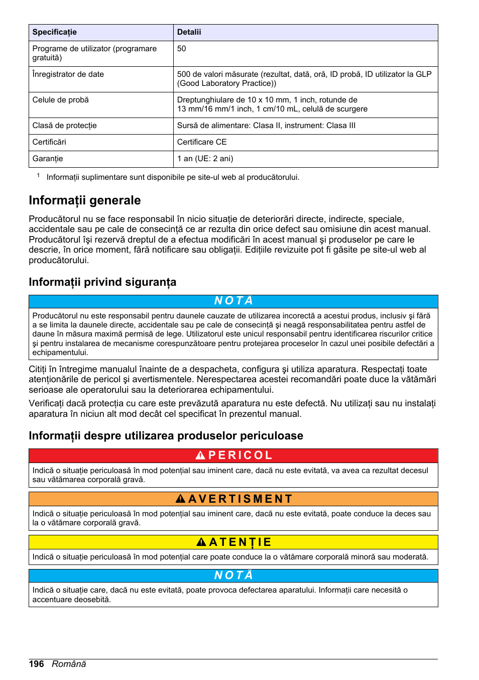 Informaţii generale, Informaţii privind siguranţa, N o t ã | Hach-Lange DR1900 Basic User Manual User Manual | Page 196 / 318