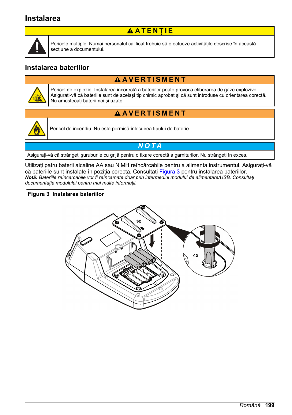 Instalarea, Instalarea bateriilor | Hach-Lange DR1900 Basic User Manual User Manual | Page 199 / 318