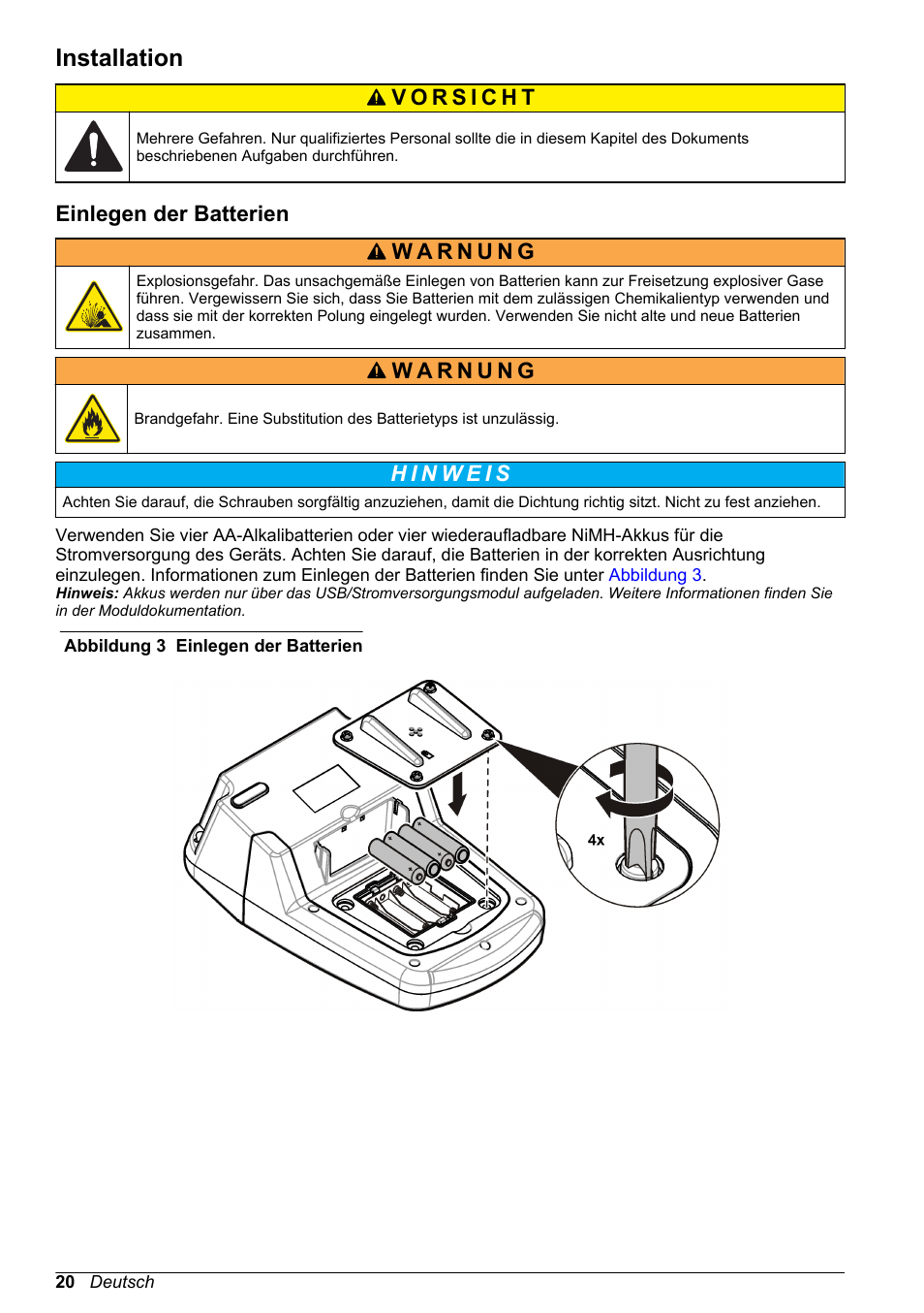Installation, Einlegen der batterien, Auf seite 20 | Hach-Lange DR1900 Basic User Manual User Manual | Page 20 / 318