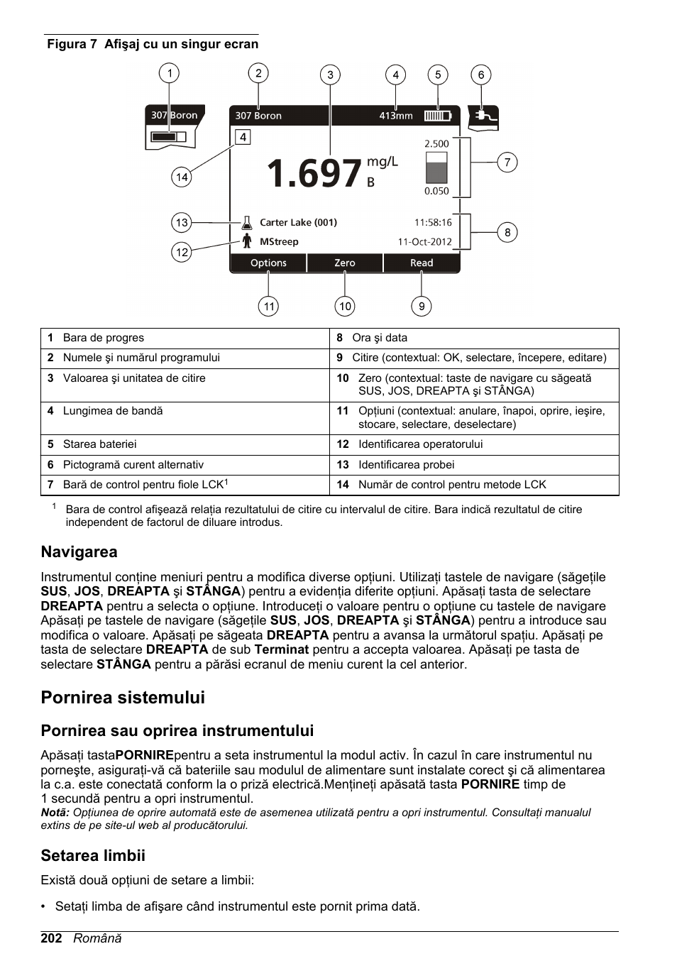Navigarea, Pornirea sistemului, Pornirea sau oprirea instrumentului | Setarea limbii | Hach-Lange DR1900 Basic User Manual User Manual | Page 202 / 318