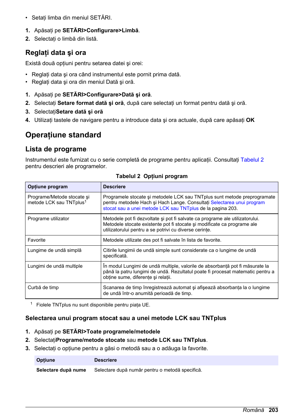 Reglaţi data şi ora, Operaţiune standard, Lista de programe | Hach-Lange DR1900 Basic User Manual User Manual | Page 203 / 318