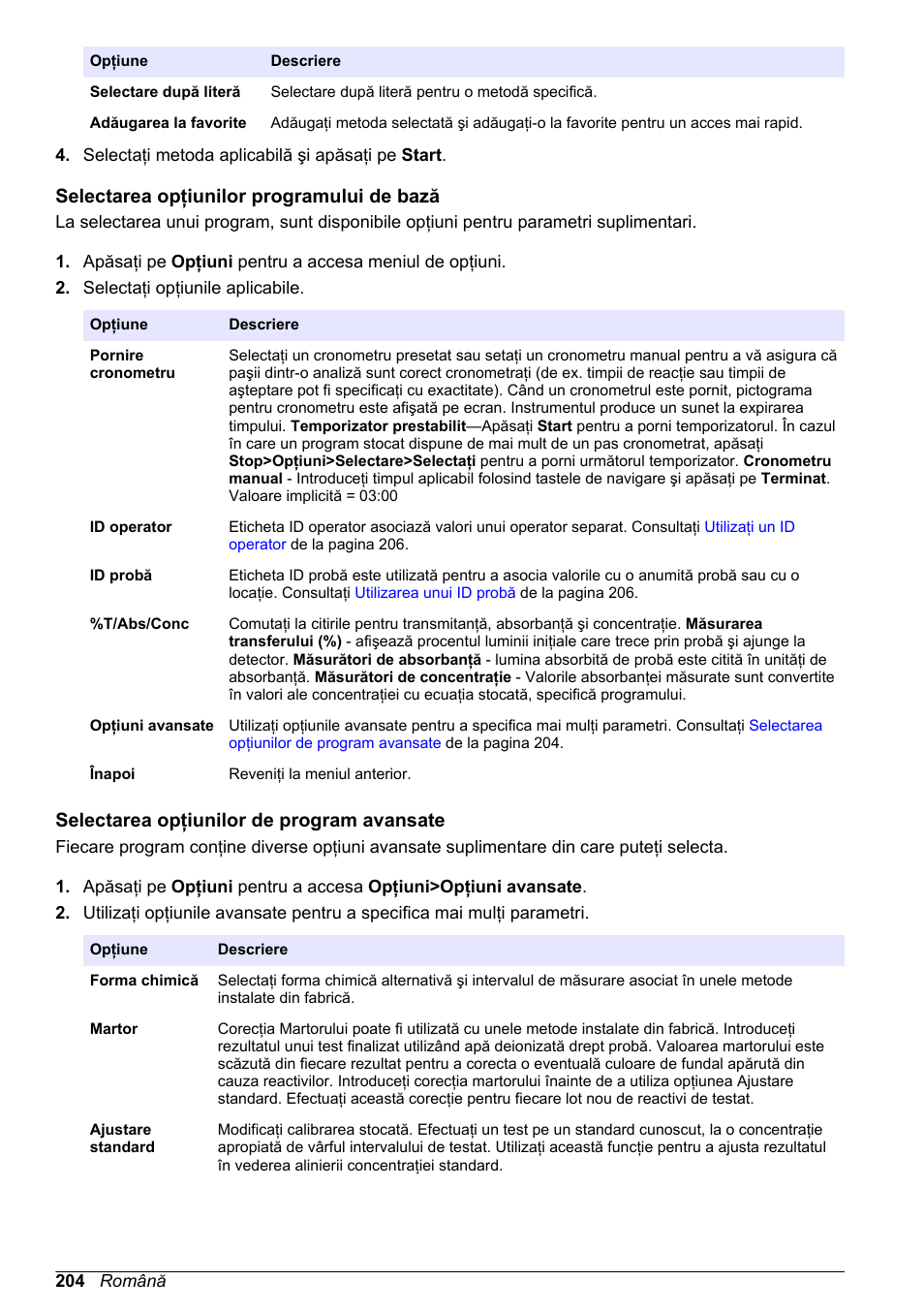 Selectarea opţiunilor programului de bază, Selectarea opţiunilor de program avansate | Hach-Lange DR1900 Basic User Manual User Manual | Page 204 / 318