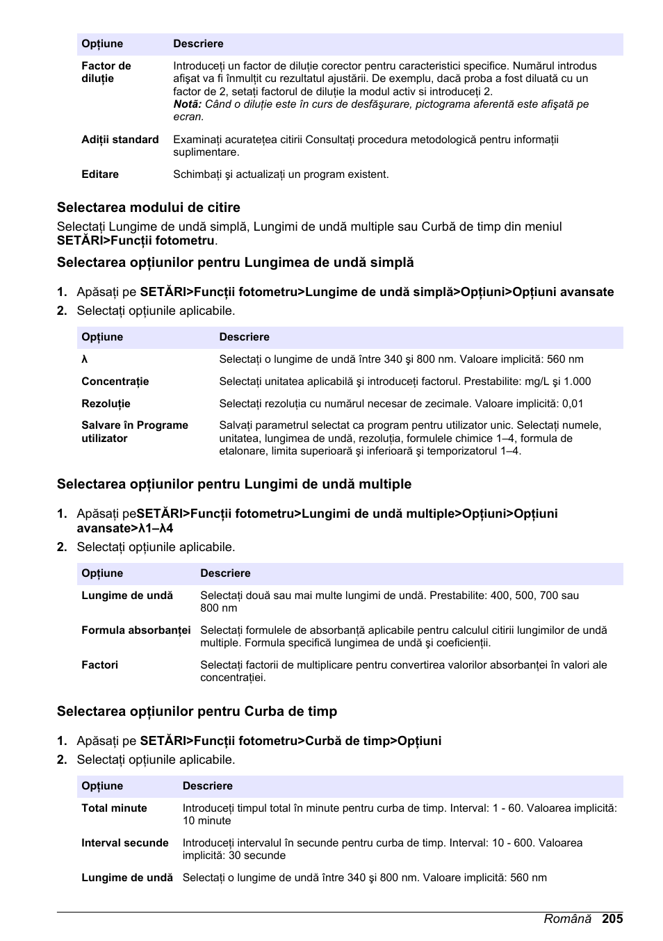 Selectarea modului de citire, Selectarea opţiunilor pentru curba de timp | Hach-Lange DR1900 Basic User Manual User Manual | Page 205 / 318