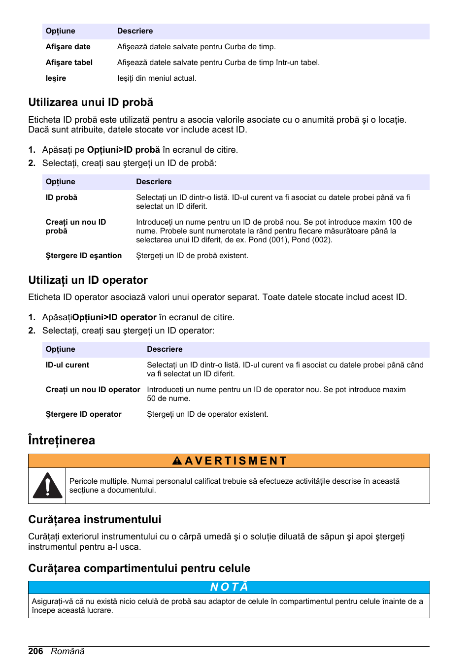 Utilizarea unui id probă, Utilizaţi un id operator, Întreţinerea | Curăţarea instrumentului, Curăţarea compartimentului pentru celule, Utilizaţi un id, Operator | Hach-Lange DR1900 Basic User Manual User Manual | Page 206 / 318