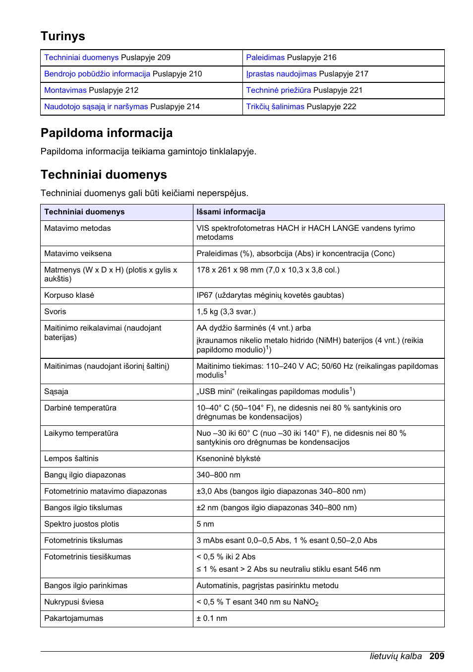Bendroji naudotojo instrukcija, Turinys, Papildoma informacija | Techniniai duomenys, Lietuvių kalba | Hach-Lange DR1900 Basic User Manual User Manual | Page 209 / 318